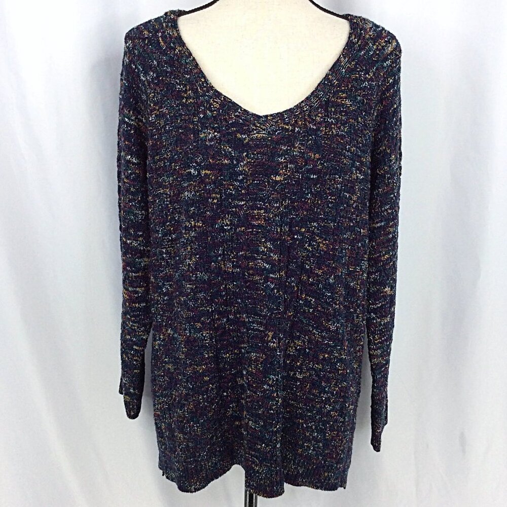 Retrology Women's Sweater Size XL Navy Blue‎ Marled V-Neck Cable Knit